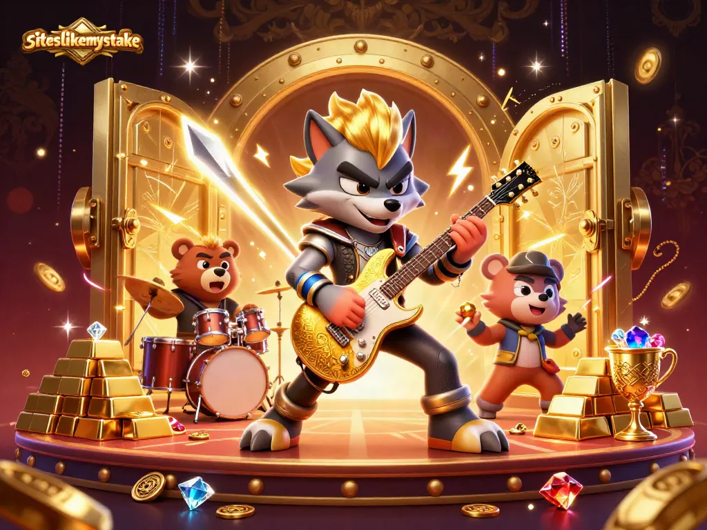 Engage with siteslikemystake featuring a rock star wolf and bear drummer amidst a vibrant casino scene.