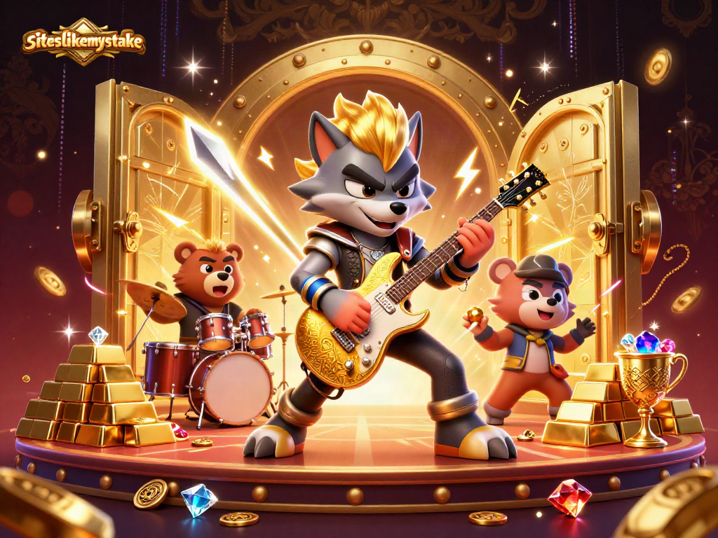 Engage with siteslikemystake featuring a rock star wolf and bear drummer amidst a vibrant casino scene.