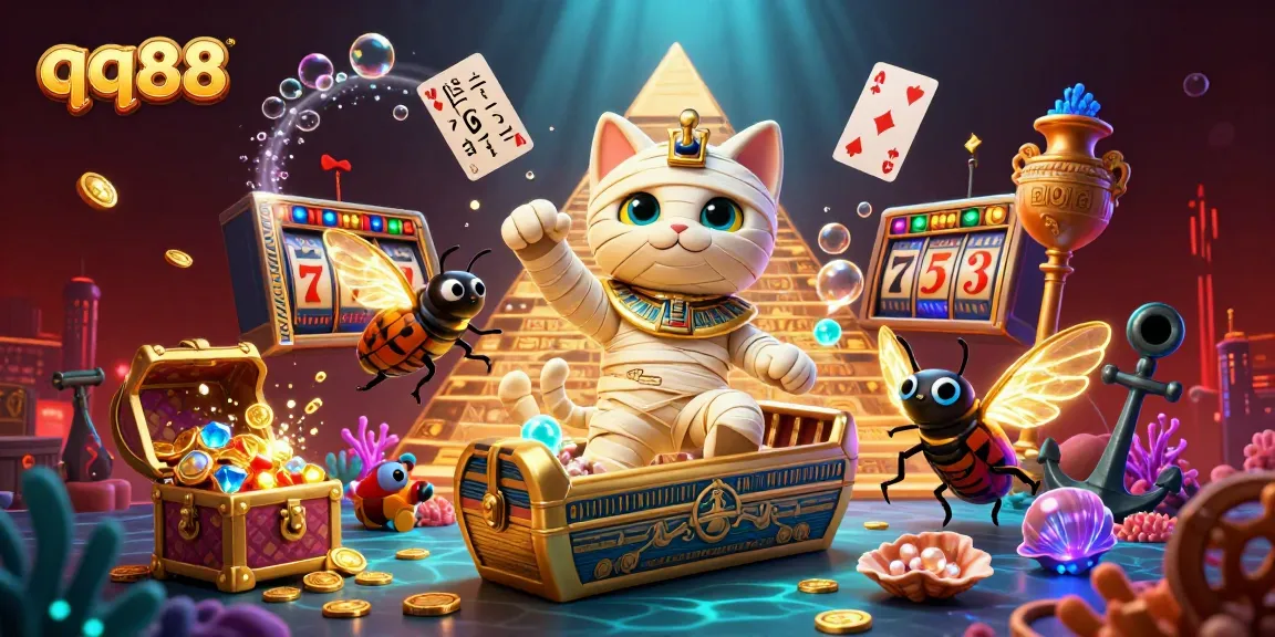 Experience thrilling casino action with qq88, featuring a mummy cat and scarab beetle in a pyramid.