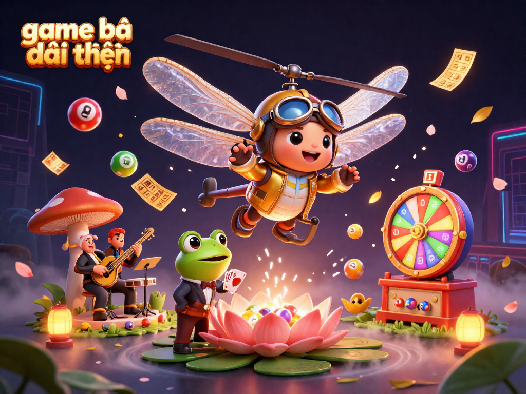 Engage in the thrilling game bài đổi thưởng as a dragonfly pilot hovers above a lily pad casino amidst vibrant game elements.