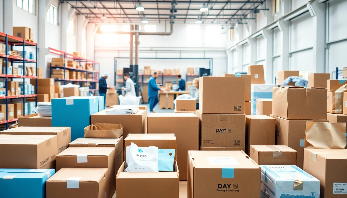 Showcasing product packaging services through stylish designs and organized packaging elements.