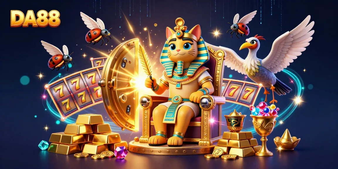 Experience a thrilling DA88 casino adventure with the Egyptian pharaoh cat, slot reels, and piles of jewels.