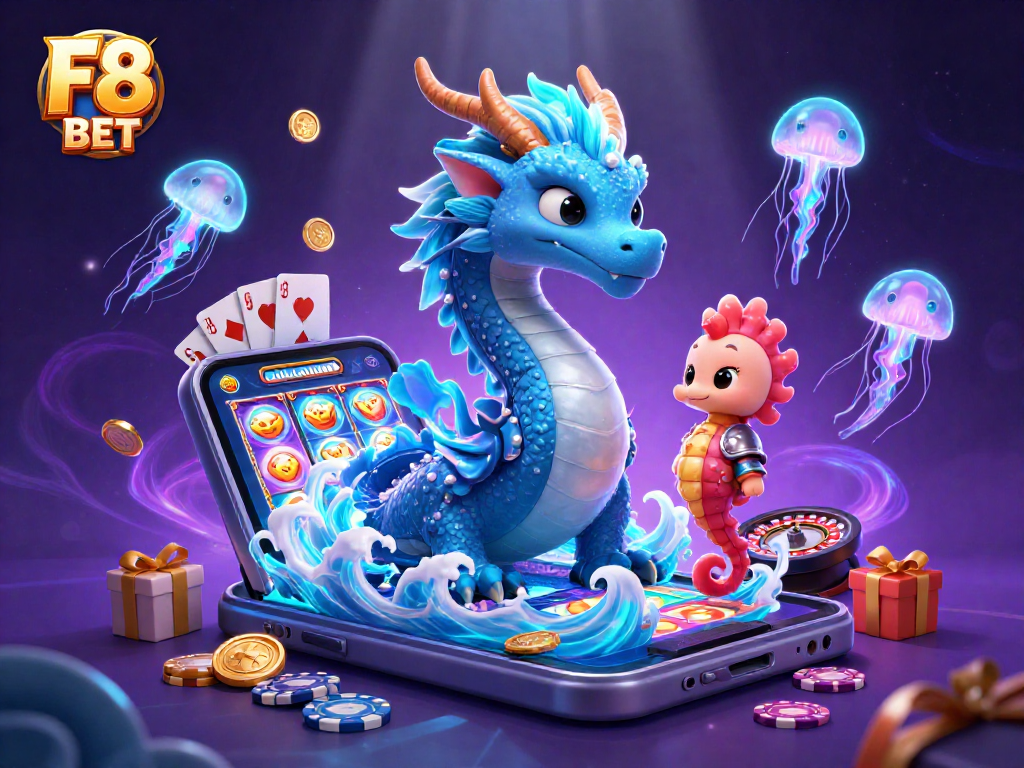 Join the excitement at F8 BET with a vibrant underwater casino scene full of spinning slots and glowing treasures.