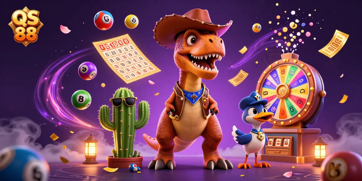 Enjoy thrilling gaming with QS 88 as the cowboy dinosaur and friends celebrate lottery wins.