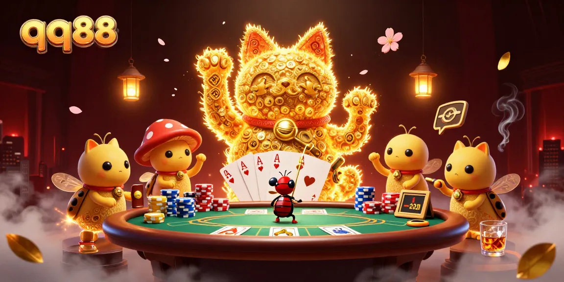 Engage with qq88's vibrant casino world featuring delightful fireflies and dynamic poker elements.