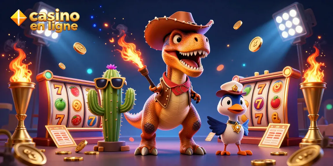 Visuel dynamique représentant un casino en ligne avec des personnages animés et des éléments de jeu.