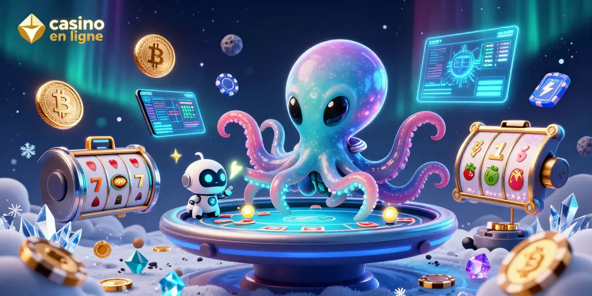 Jouez au casino en ligne avec des jeux d'argent animés, présentant un octopus extraterrestre et un robot.