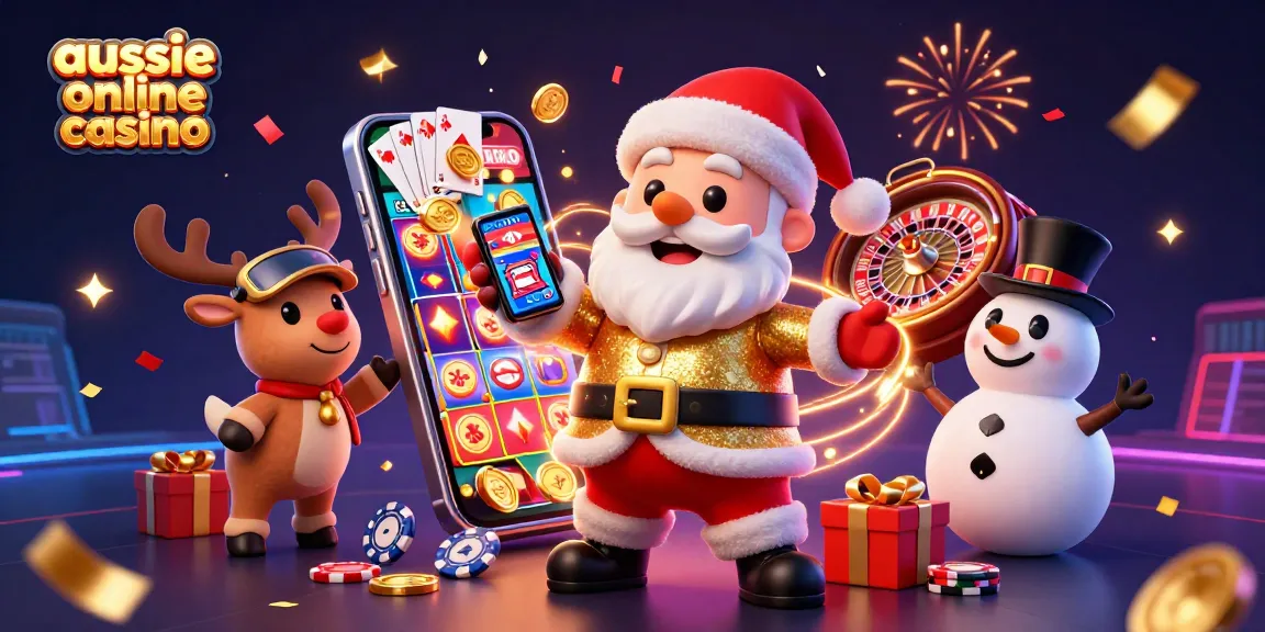 Aussie online casino festive scene with Santa, reindeer, and snowman in a colorful gambling atmosphere