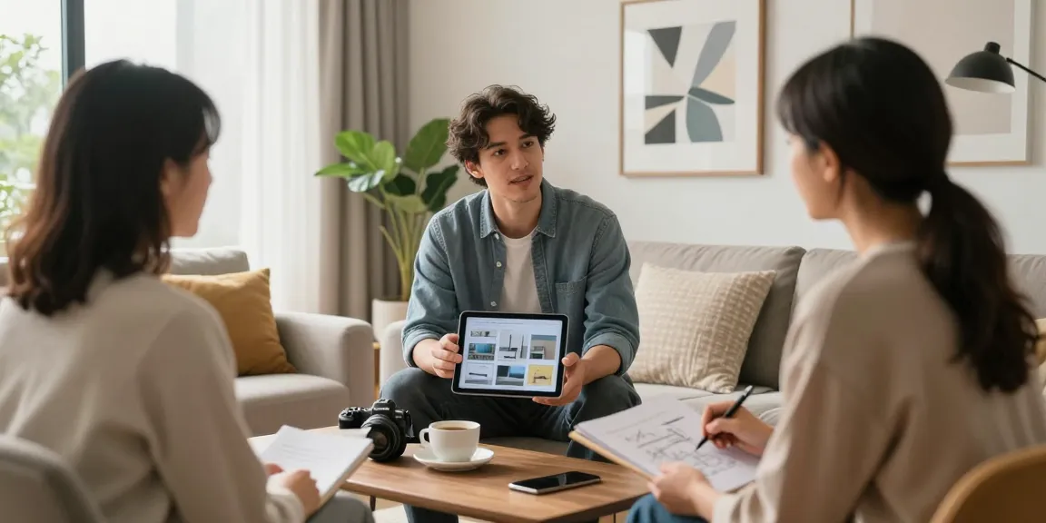 Menampilkan layanan Decor Serene di https://decorserene.com/privacy-policy/ dengan desainer interior profesional dan klien dalam ruang tamu yang elegan.
