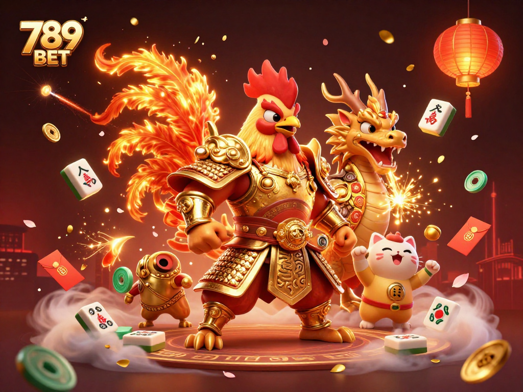 Experience thrilling action with 789 BET's dynamic rooster warrior and dragon mascot in a vibrant casino scene.