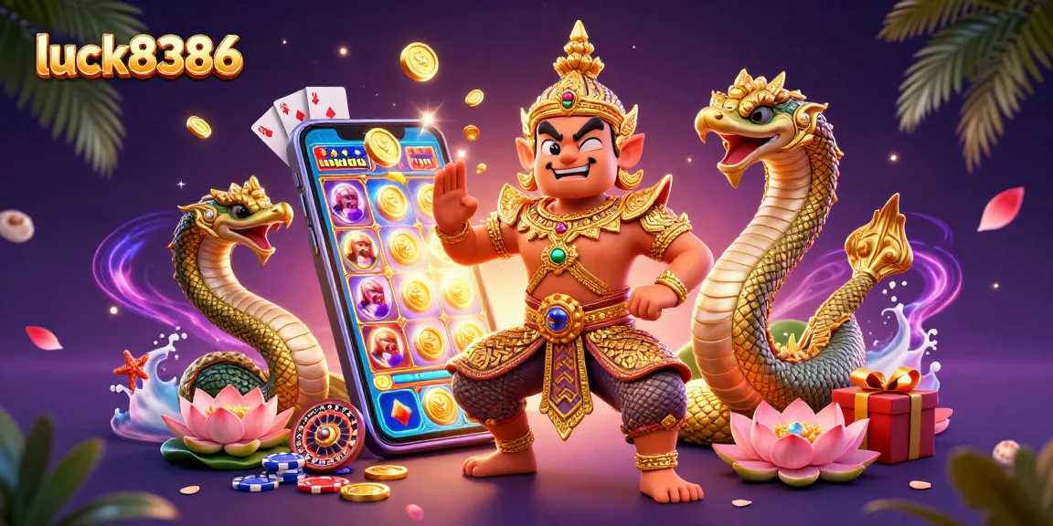 Engage with luck8386: 3D illustration capturing the thrill of online casino gaming and slots.