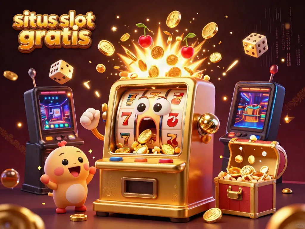 Experience the excitement of situs slot gratis with a cartoon golden slot machine hitting a jackpot!