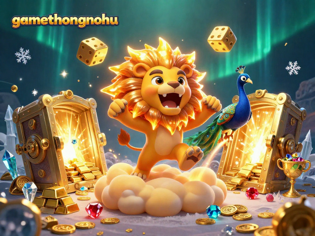 Experience the vibrant energy of gamethuongnohu with a roaring sun lion, golden treasures, and dynamic casino elements.
