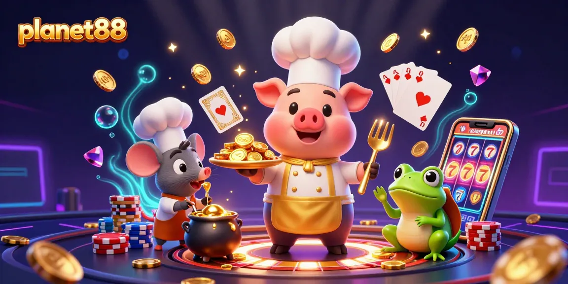 Play exciting games at planet88 with a cartoon chef pig serving gold coins and poker chips.