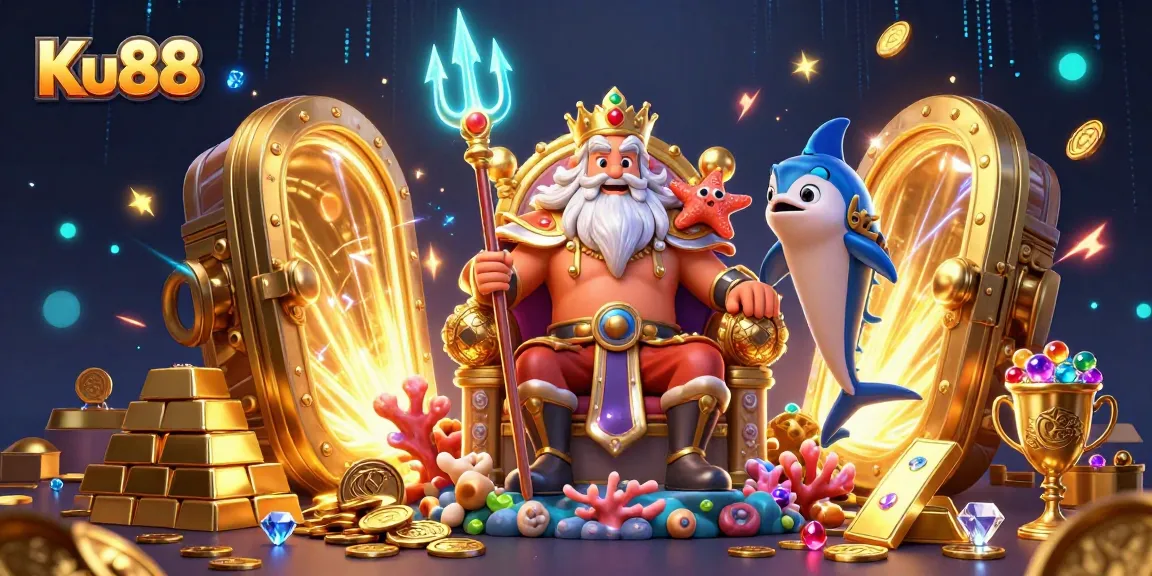Ku88 offers thrilling casino adventures featuring Neptune and treasure in an enchanting underwater setting.