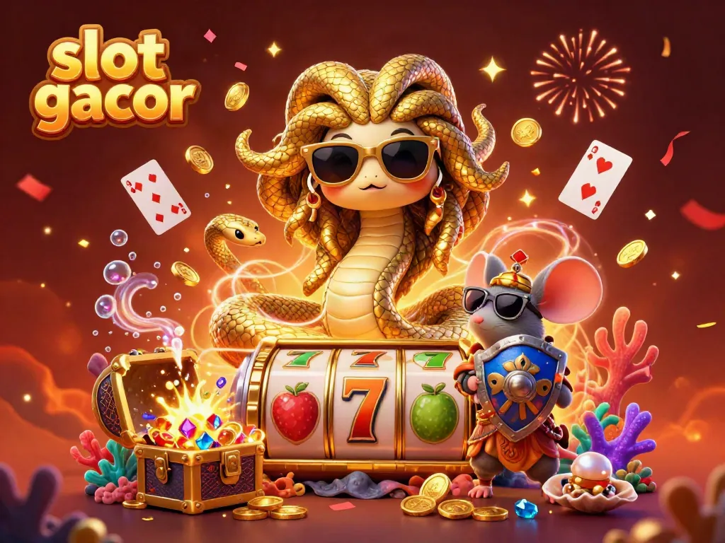 Experience thrilling slot gacor action with a whimsical Medusa and a warrior mouse in this vibrant 3D scene.