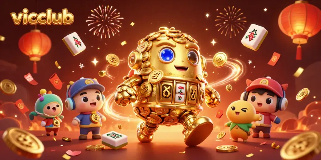 Experience the vibrant excitement of vicclub with a golden golem and festive casino elements.
