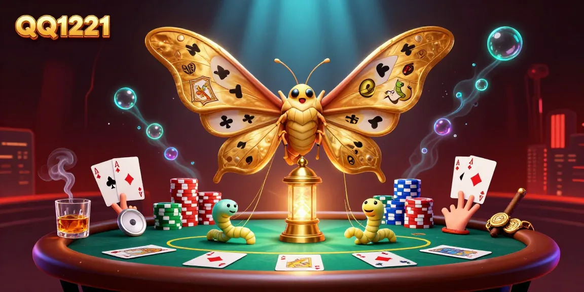 Engage with QQ1221 through vibrant casino scenes featuring an atlas moth and rich poker elements.
