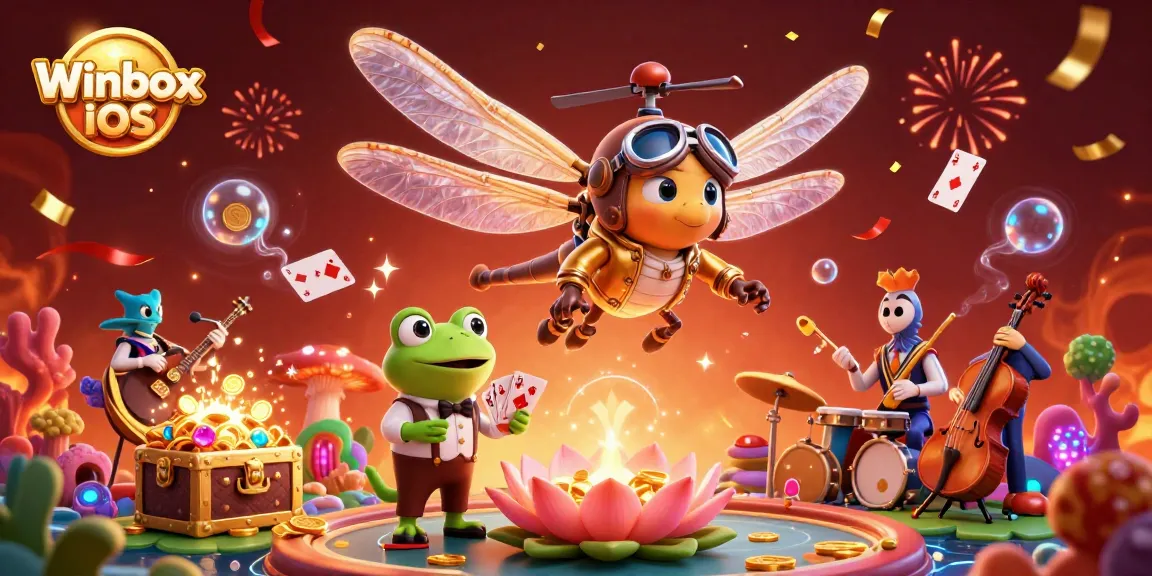 Experience the vibrant world of Winbox iOS with a fun illustration of casino action and music.