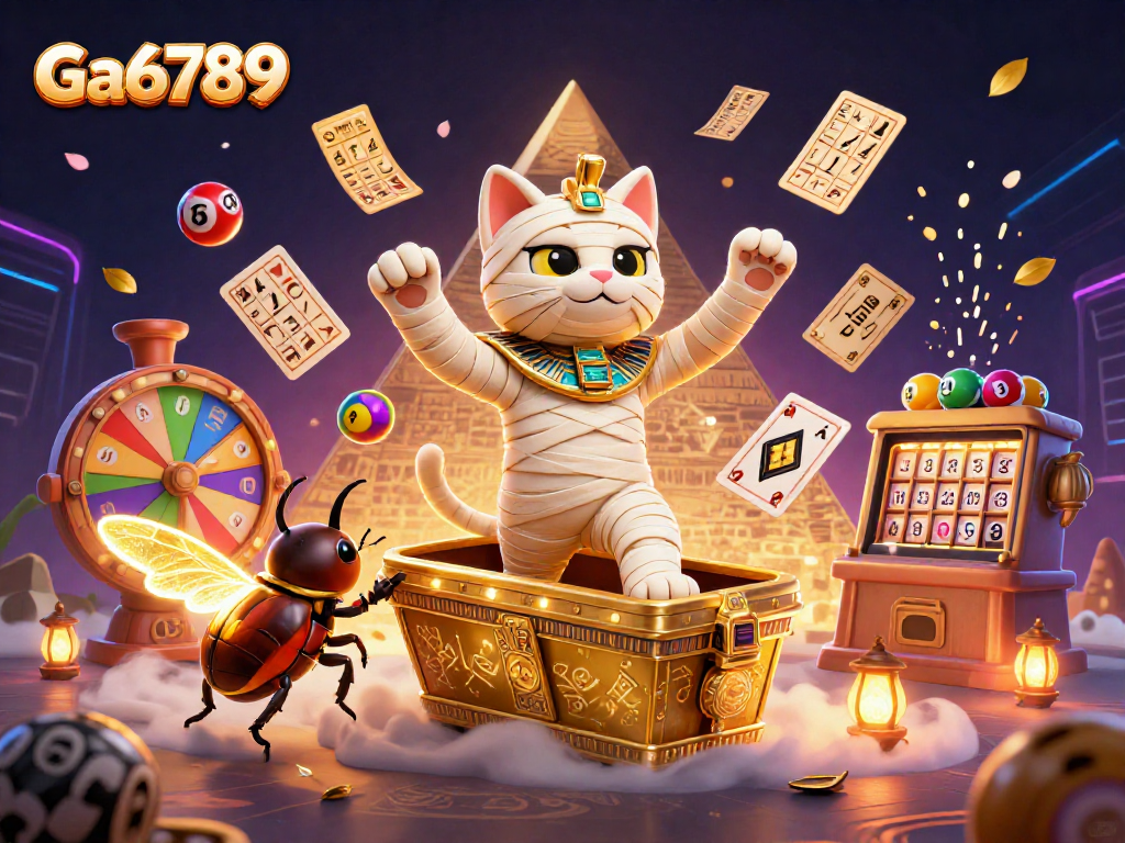 Join the fun at Ga6789 with a vibrant scene featuring a winning mummy cat and lottery excitement.