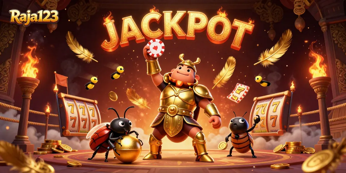 Engage with Raja123 while the hercules beetle lifts a poker chip in this casino-themed illustration.