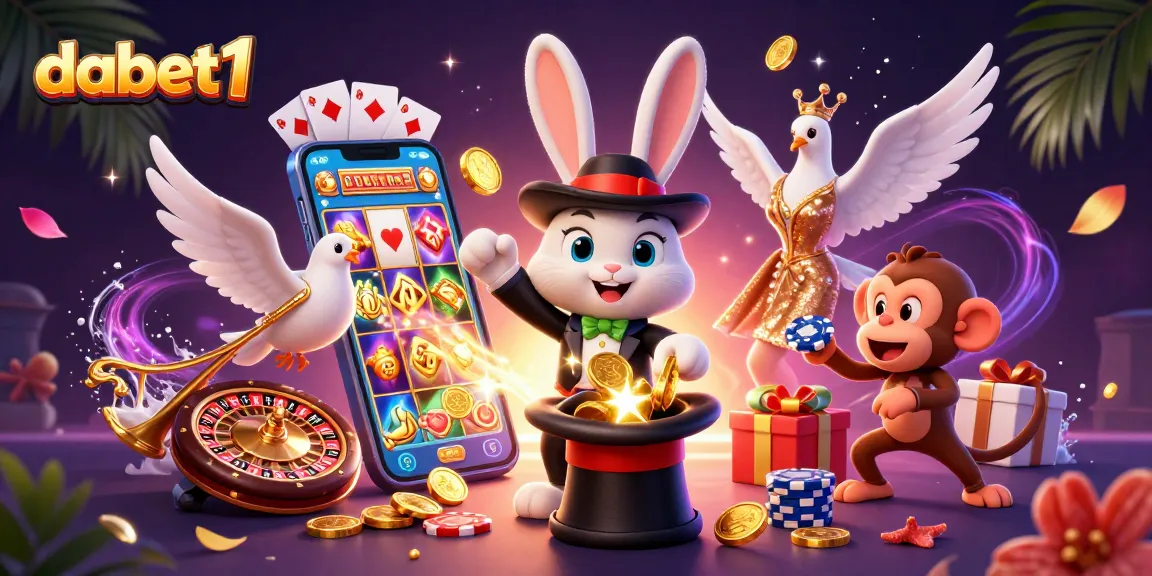Experience dabet1 with a magician rabbit, sequined dove, and chip-pickpocketing monkey in a vibrant 3D casino scene.