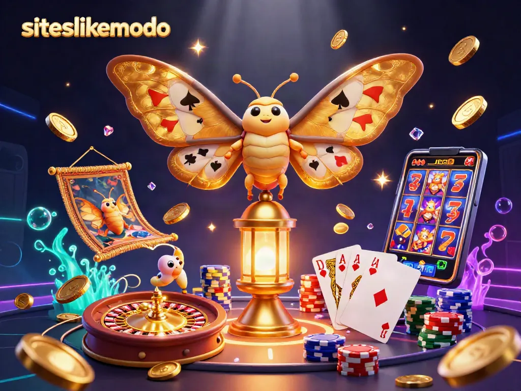 Spin and win at siteslikemodo with vibrant 3D casino imagery featuring moths, coins, and cards.