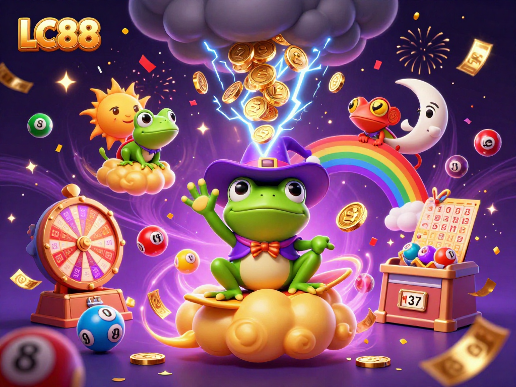 LC88 offers an exhilarating experience with a colorful lottery scene featuring vibrant characters and dynamic elements.