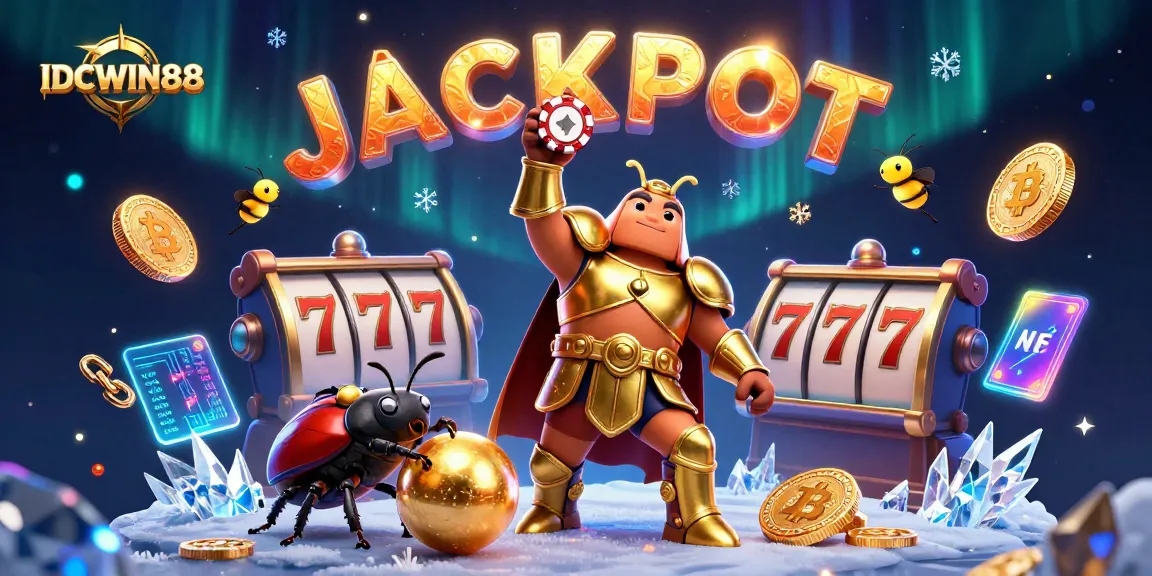 Engage with IDCWIN88's thrilling gaming experience through vibrant visuals of jackpot wins and crypto elements.