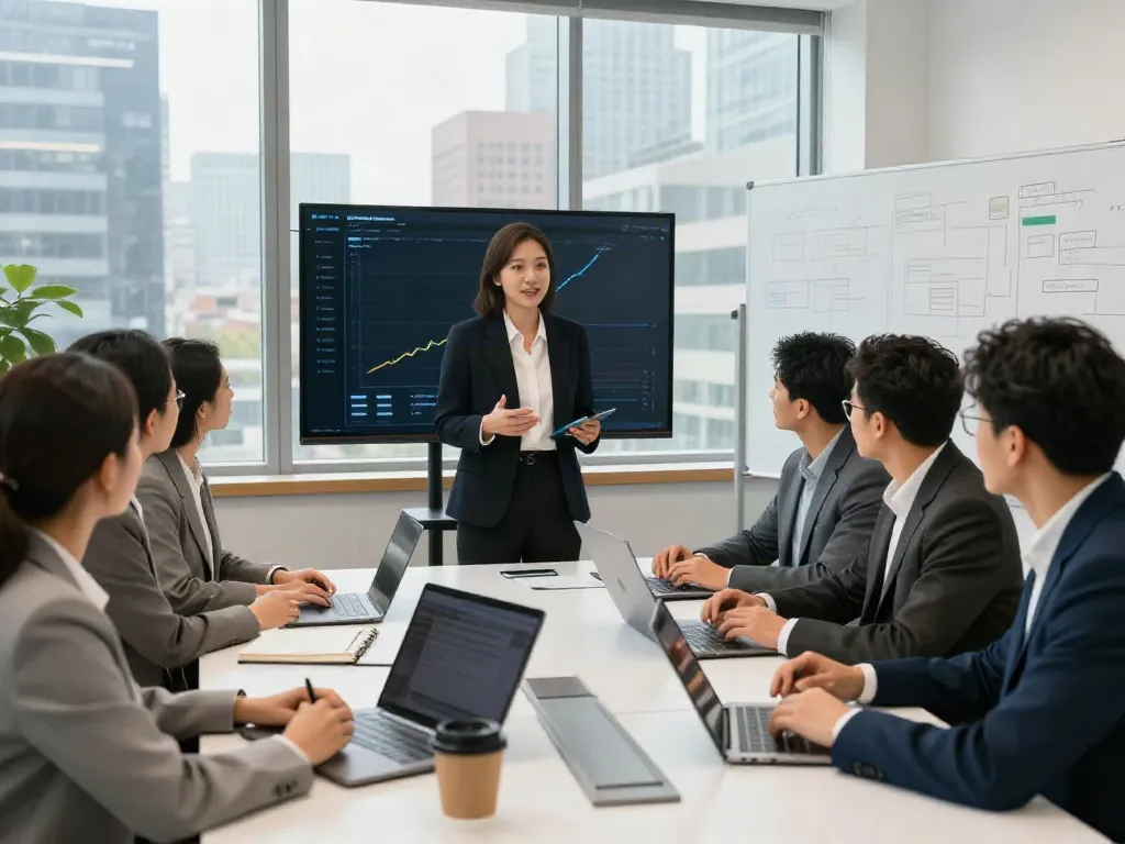 Diverse team of experienced professionals collaborating in a modern conference room, showcasing productive teamwork.