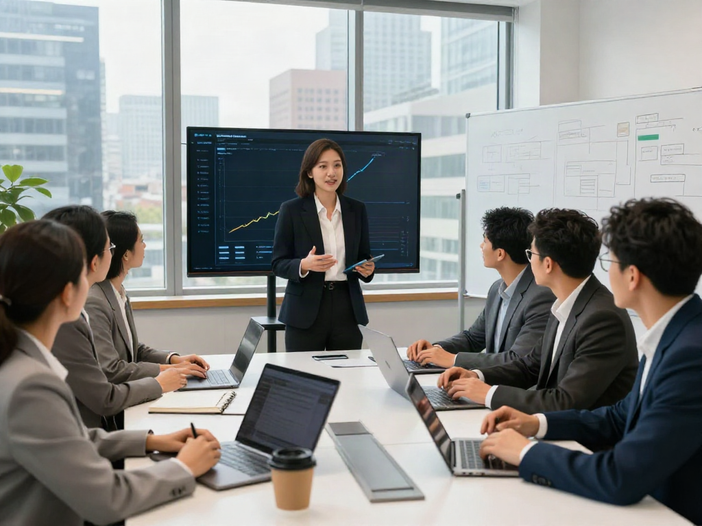 Diverse team of experienced professionals collaborating in a modern conference room, showcasing productive teamwork.