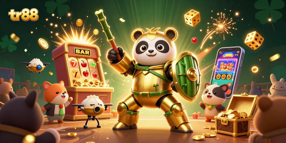 Experience the thrilling atmosphere of tr88 with a dynamic casino arena scene featuring a golden panda and jackpot excitement.