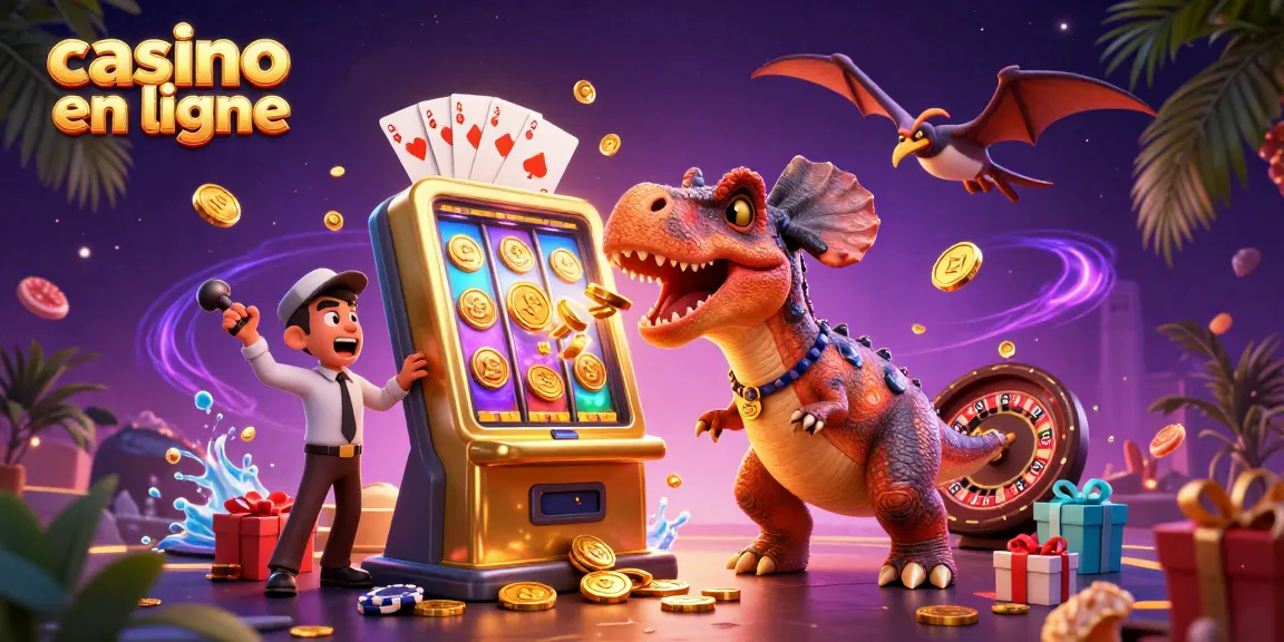 Illustration 3D d'un casino en ligne avec un pachycéphalosaurus frappant une machine à sous dorée pour un jackpot.