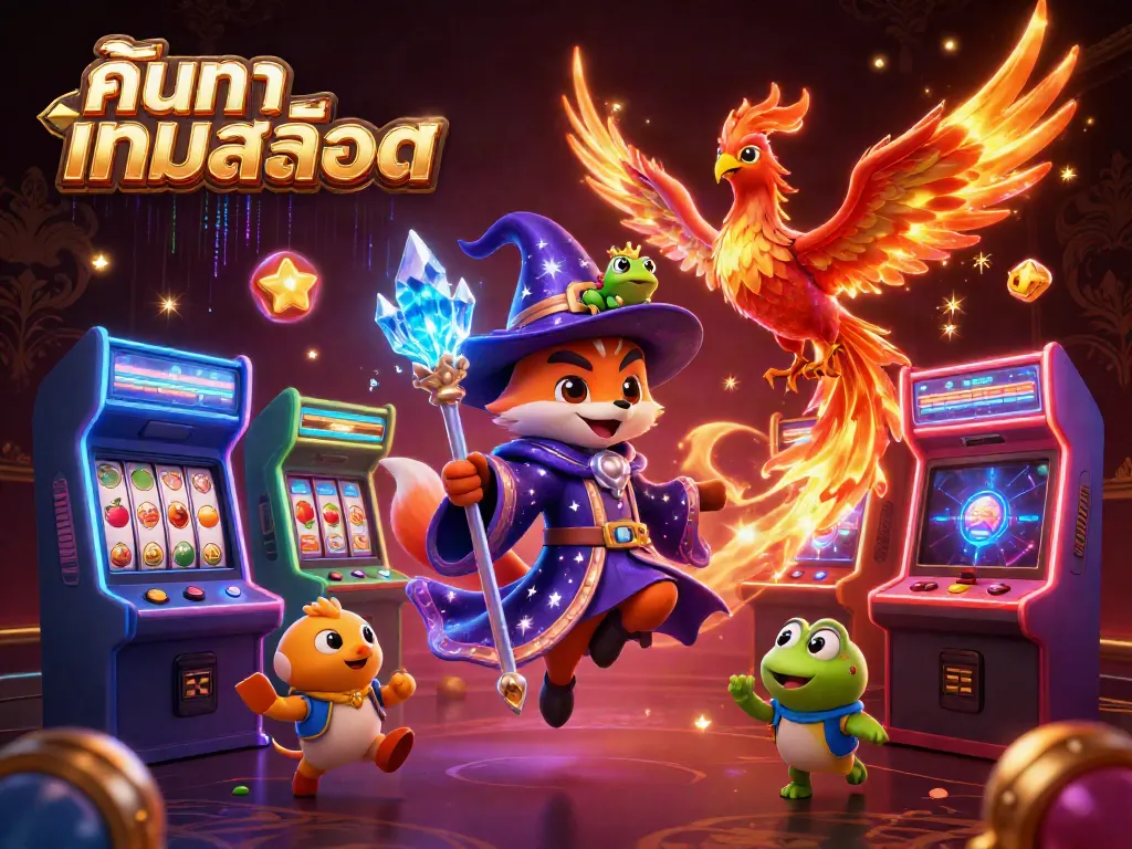 Experience the thrill of ค้นหาเกมสล็อต with a magical showdown of characters amidst vibrant casino elements.