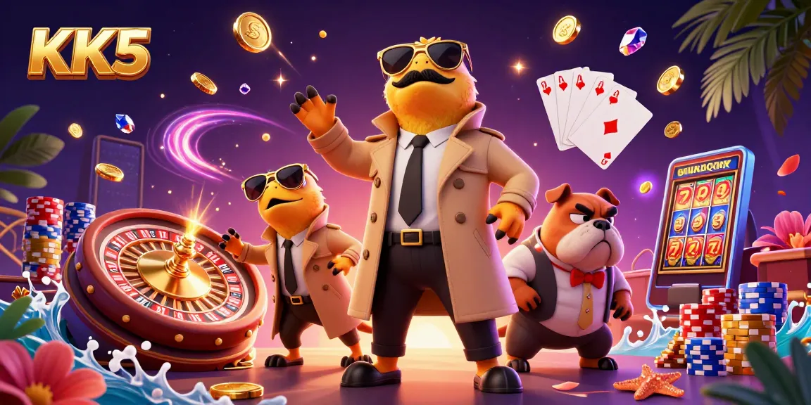 Win big with KK5 in a vibrant casino scene featuring playful raptors and golden treasures.