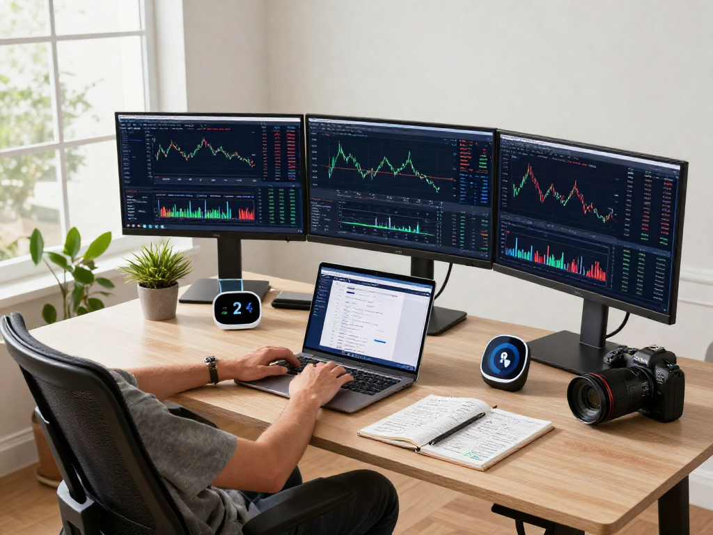 Escena de oficina moderna con tecnología de Immediate Edge y herramientas de trading de criptomonedas.