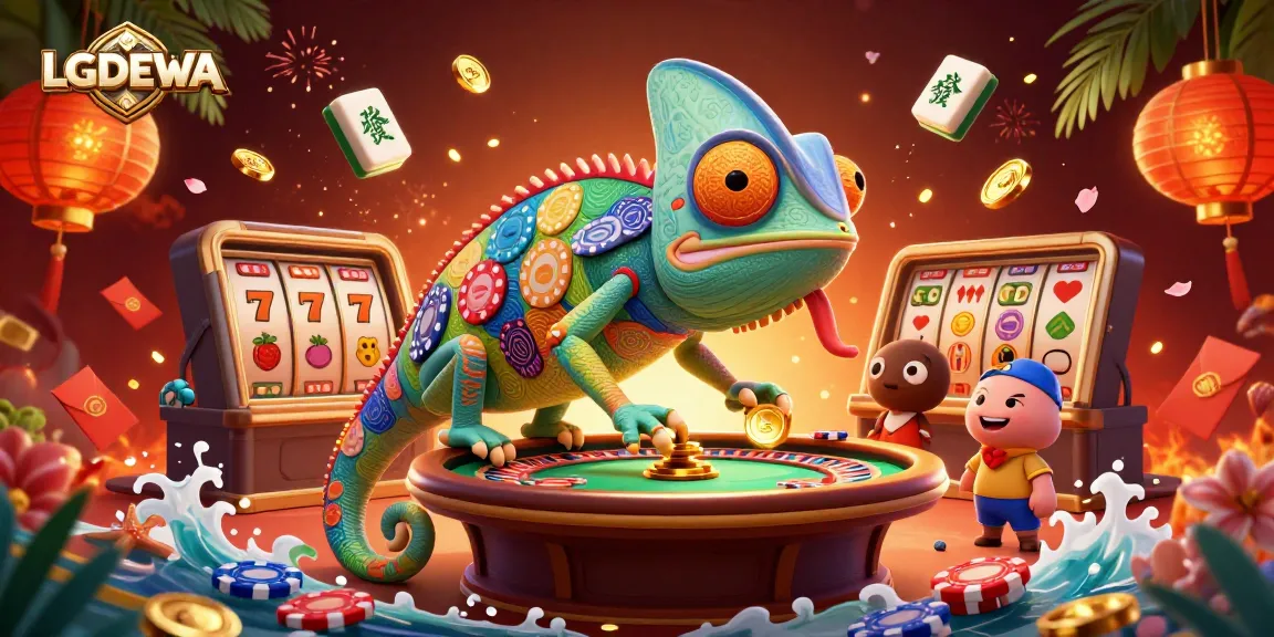 Experience the thrill of LGODEWA slots with a vibrant chameleon character amid festive casino elements.