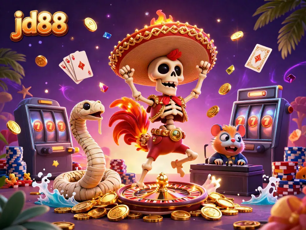 Experience the thrill of jd88 with a vibrant illustration showcasing dynamic casino characters amidst flying coins and game elements.