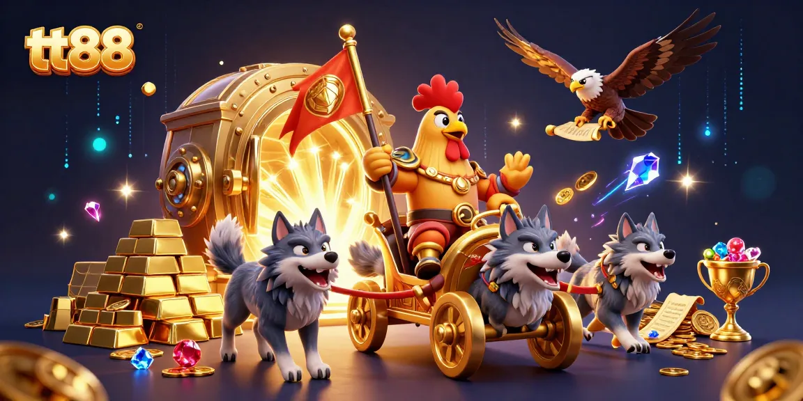 tt88 showcases a vibrant illustration of a rooster warlord in a golden war chariot amidst treasures, energizing the gambling scene