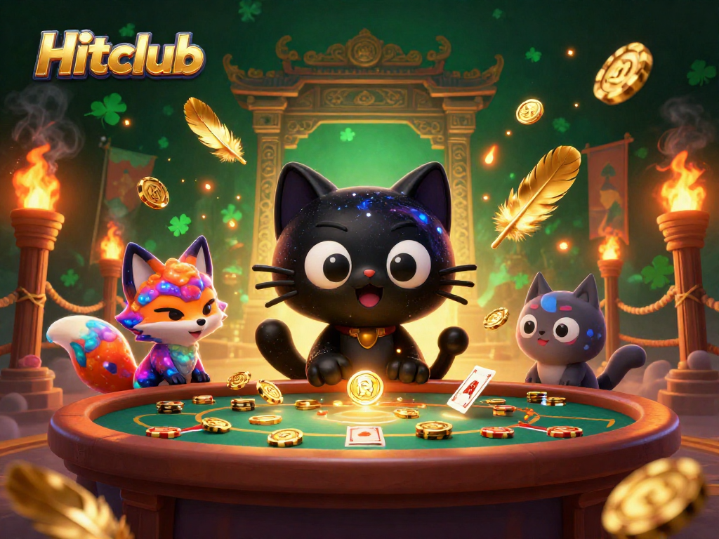 Hitclub captivates players with a 3D cartoon cat drawing in chips at a cosmic casino table.