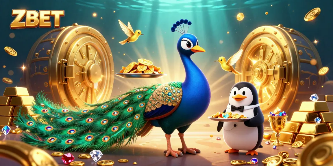 ZBET brings vibrant excitement with a peacock, a penguin, and a hummingbird in a lively casino setting.