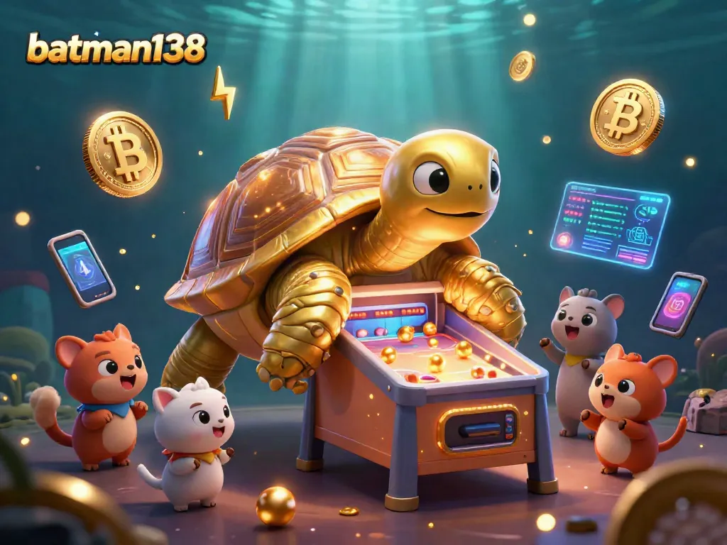 Join the fun with batman138 in an exciting casino scene featuring a golden tortoise and vibrant crypto elements.