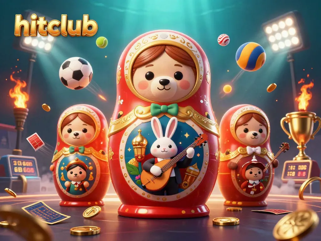 Hitclub offers a vibrant scene with bear dealers and exciting sports-themed illustrations for better betting.
