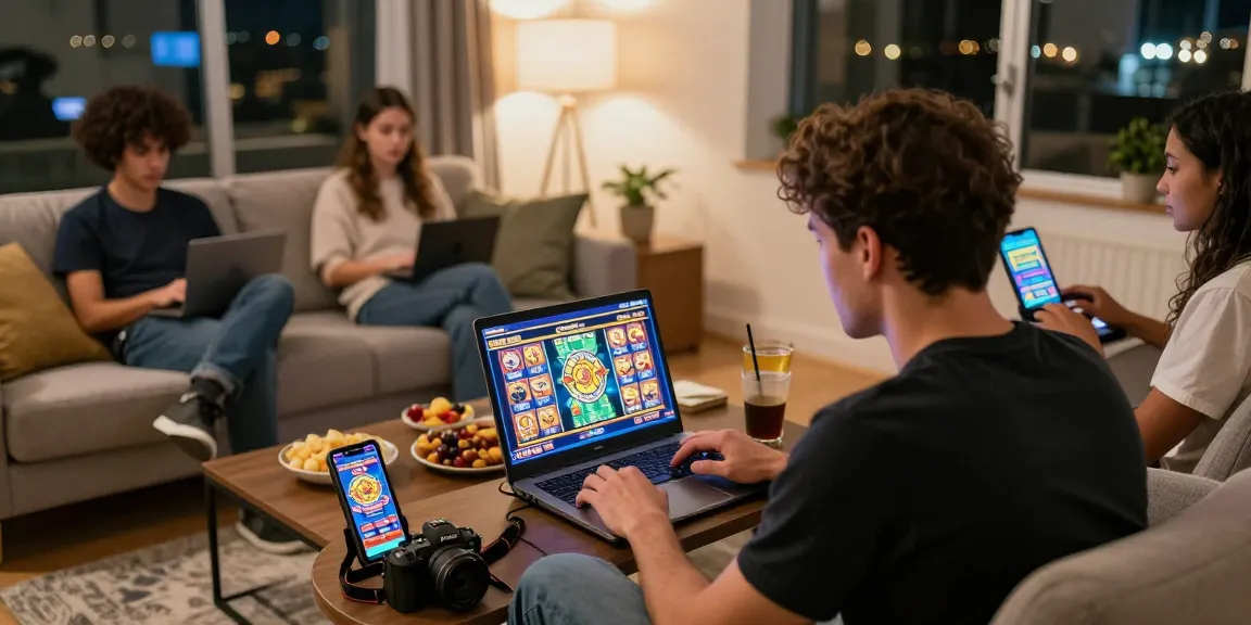 Players engaged in jepang slot gaming in a cozy home setting, showcasing excitement and modern lifestyle.