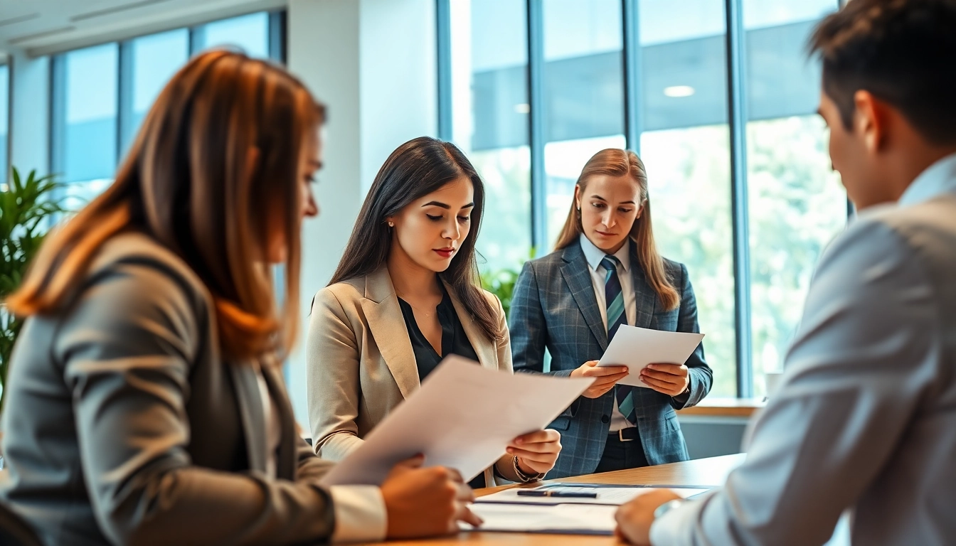 Temp agencies recruiters consulting with job seekers in a professional office atmosphere.