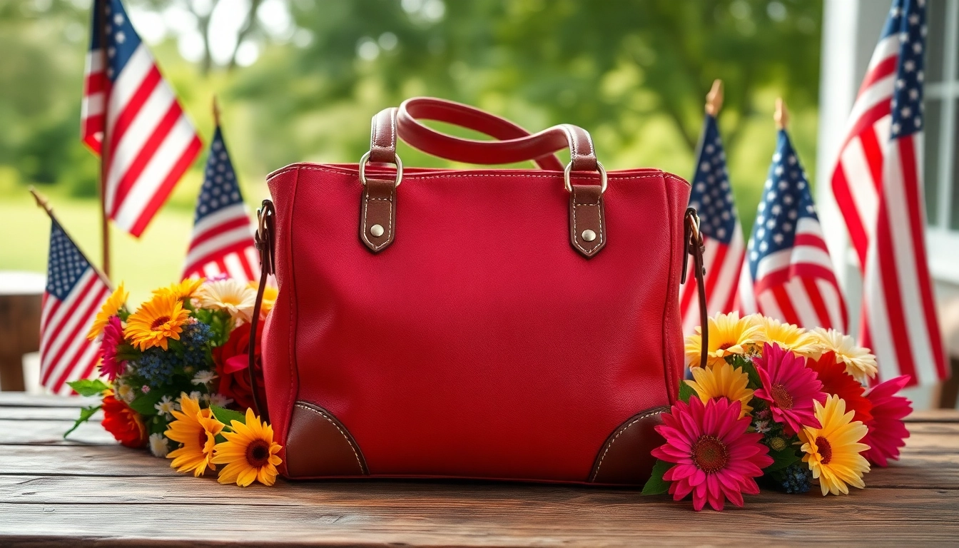 Showcasing a stylish united states bag on display with vibrant colors and floral accents.
