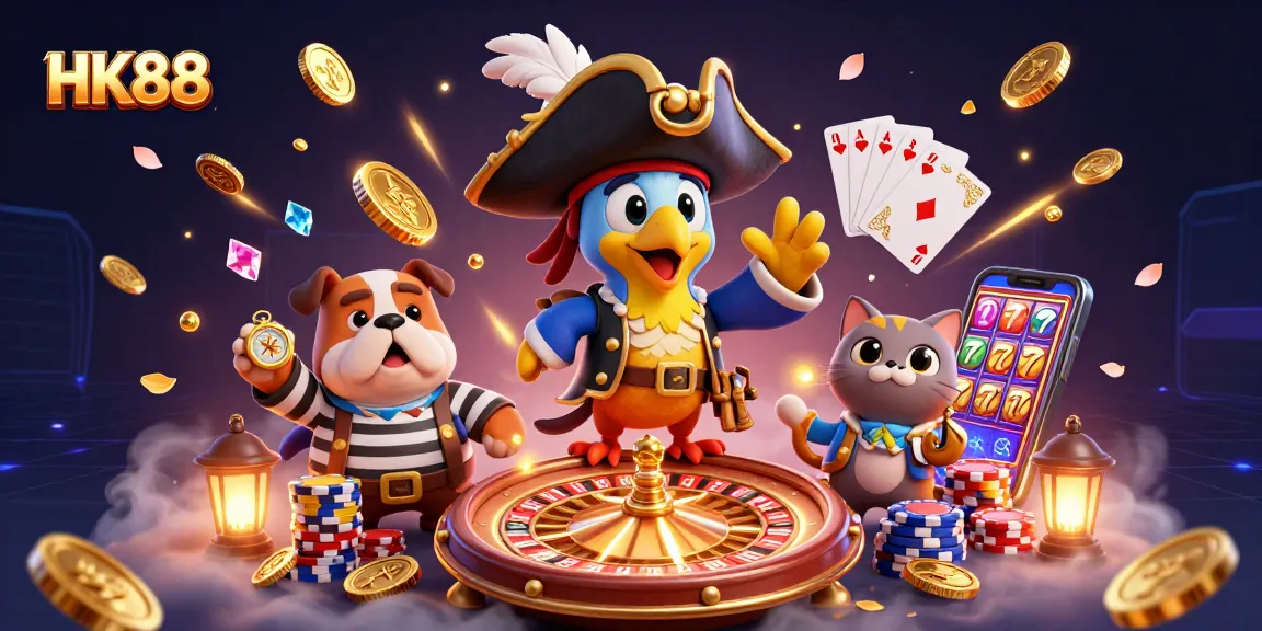 HK88 pirate captain and crew celebrate a jackpot with vibrant casino elements in action.