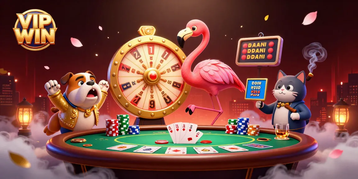 Cheerful contest at the VIP WIN casino game show, featuring a flamingo host and bulldog contestant amid poker games.