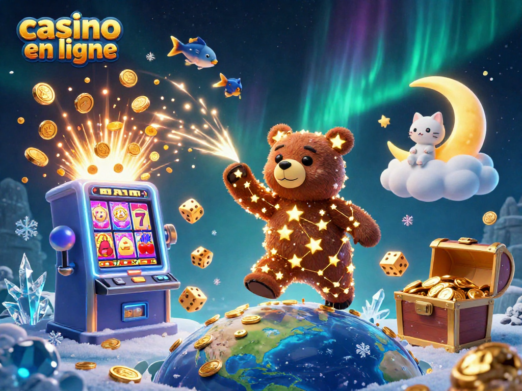 Gagnez des pièces avec les jeux de casino en ligne illustrés par un ours constellation et une machine à sous.