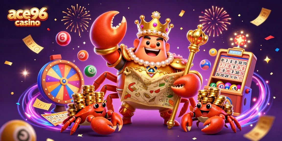 Experience the excitement of ace96 casino with a vibrant 3D scene featuring a golden crab emperor amidst lottery games.